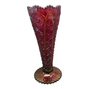 Vintage Imperial Glass Red Carnival Hobstar Iridescent Trumpet Vase